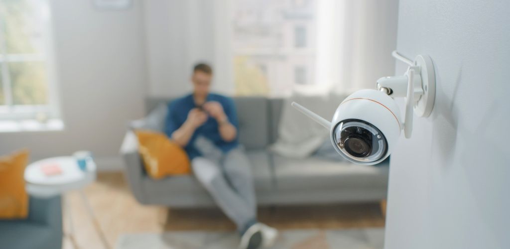 Person sitting on sofa looking at his phone which is connected to his smart security camera