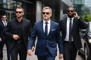 Businessman escorted by security detail
