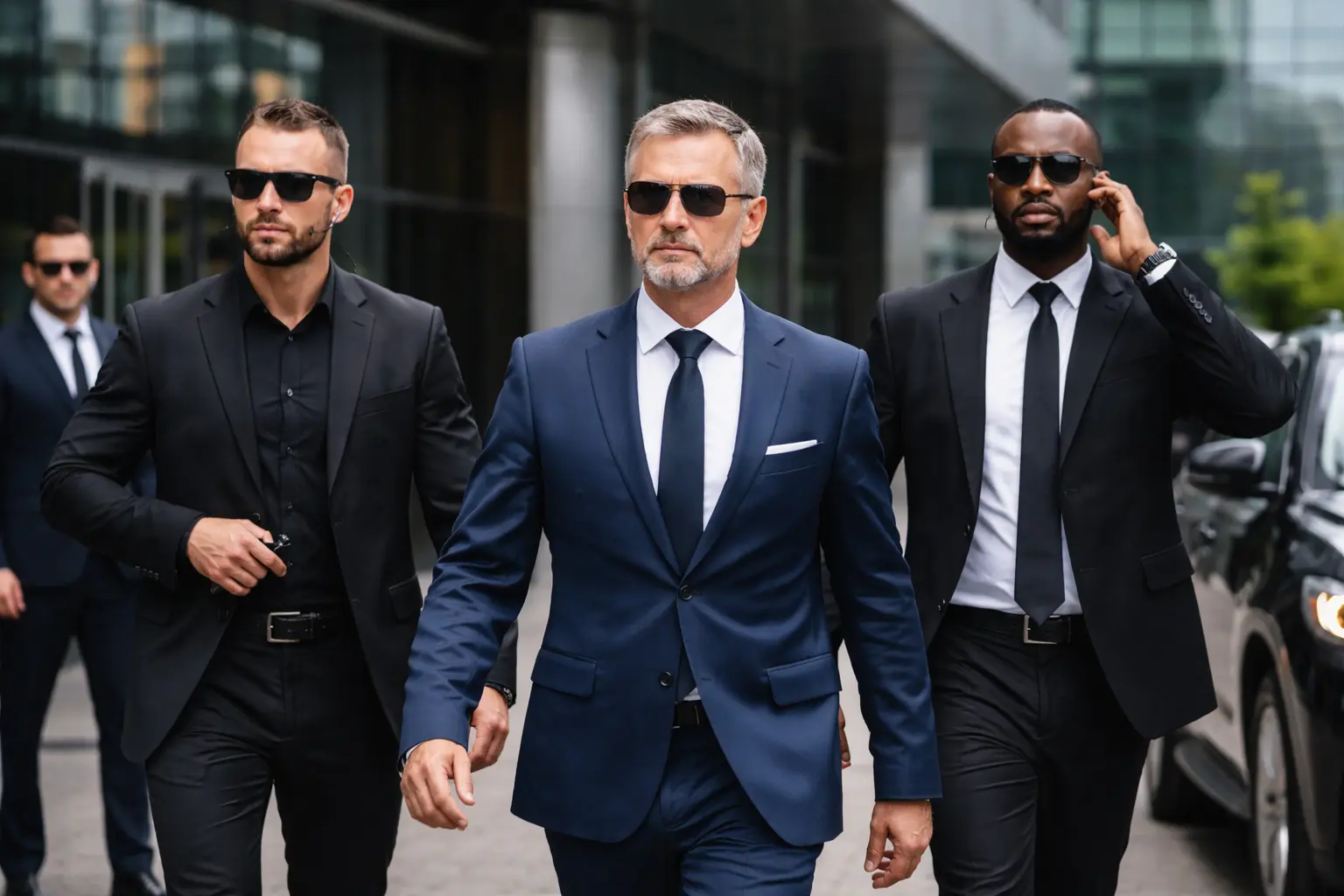 Businessman escorted by security detail