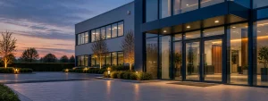 Secure commercial property exterior at dusk with a discreet alarm box.