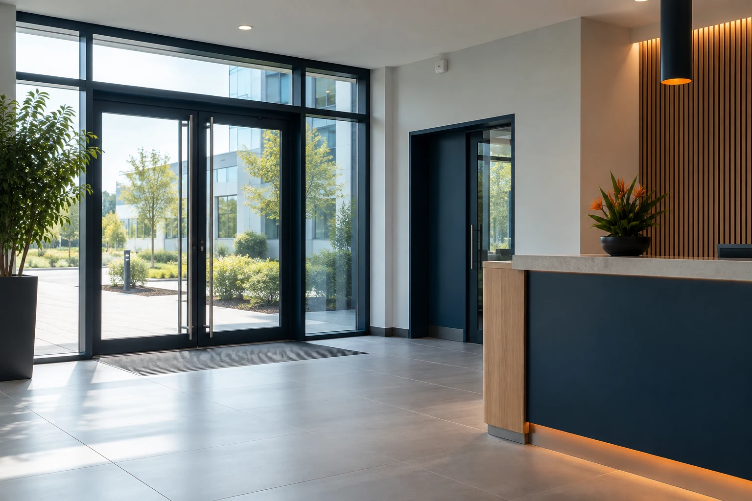 Tidy commercial entrance lobby after a professional alarm setup.
