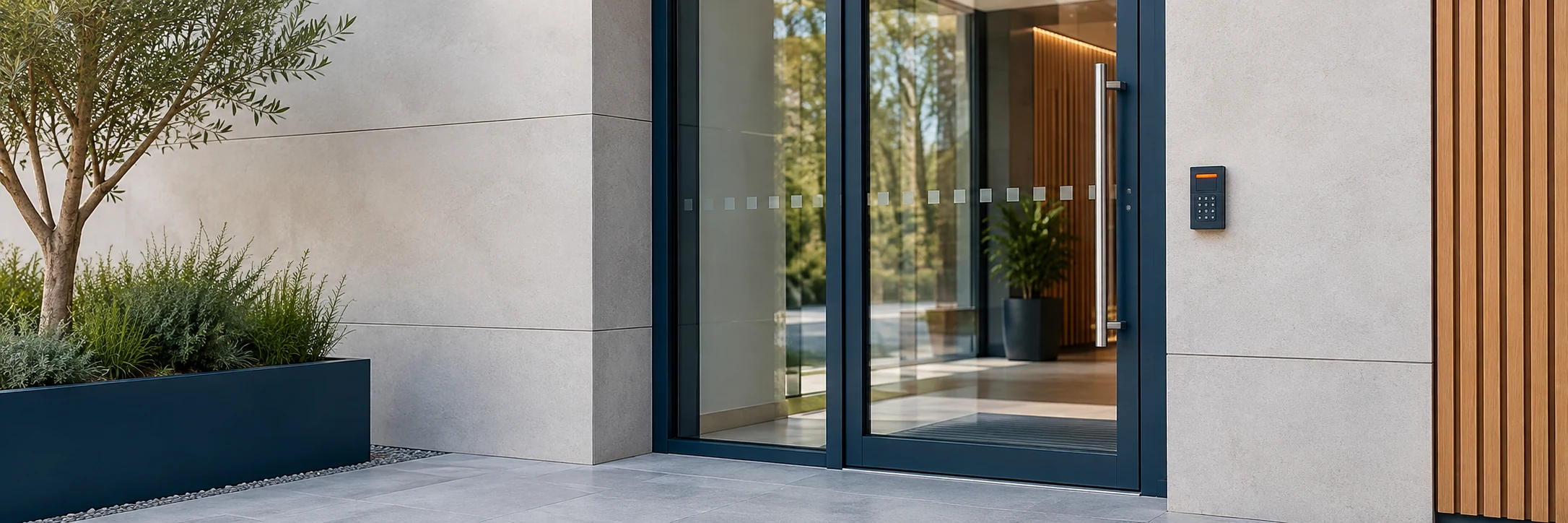 Clean business entrance with access control beside the door