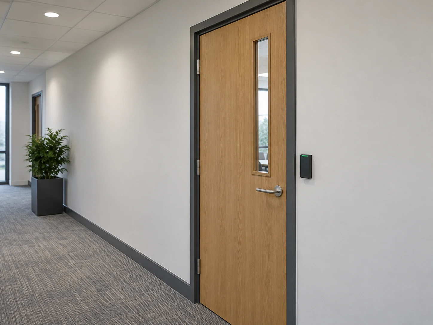 Tidy staff door with access control in a business corridor
